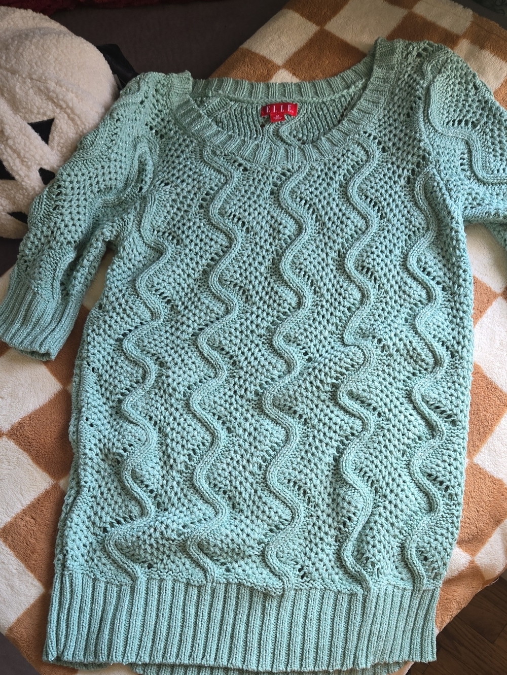 ELLE Mint Green Scoop Neck Cable Knit Sweater